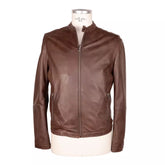 Emilio Romanelli Elegant Brown Leather Jacket with Snap Collar -   -  Emilio Romanelli.
